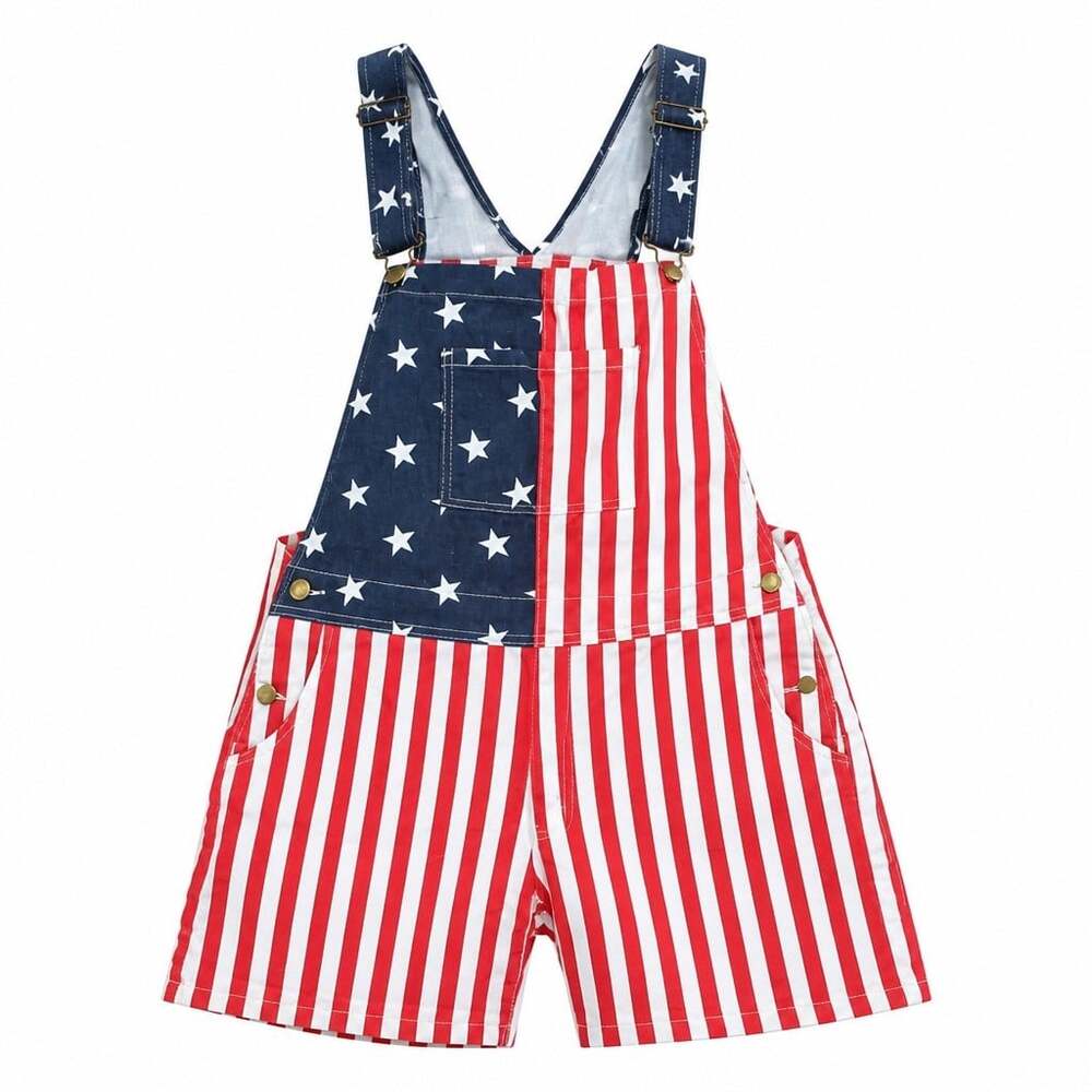 Bib Overalls Unisex Shorts Romper Festival Jumpsuits Large Red White and Blue